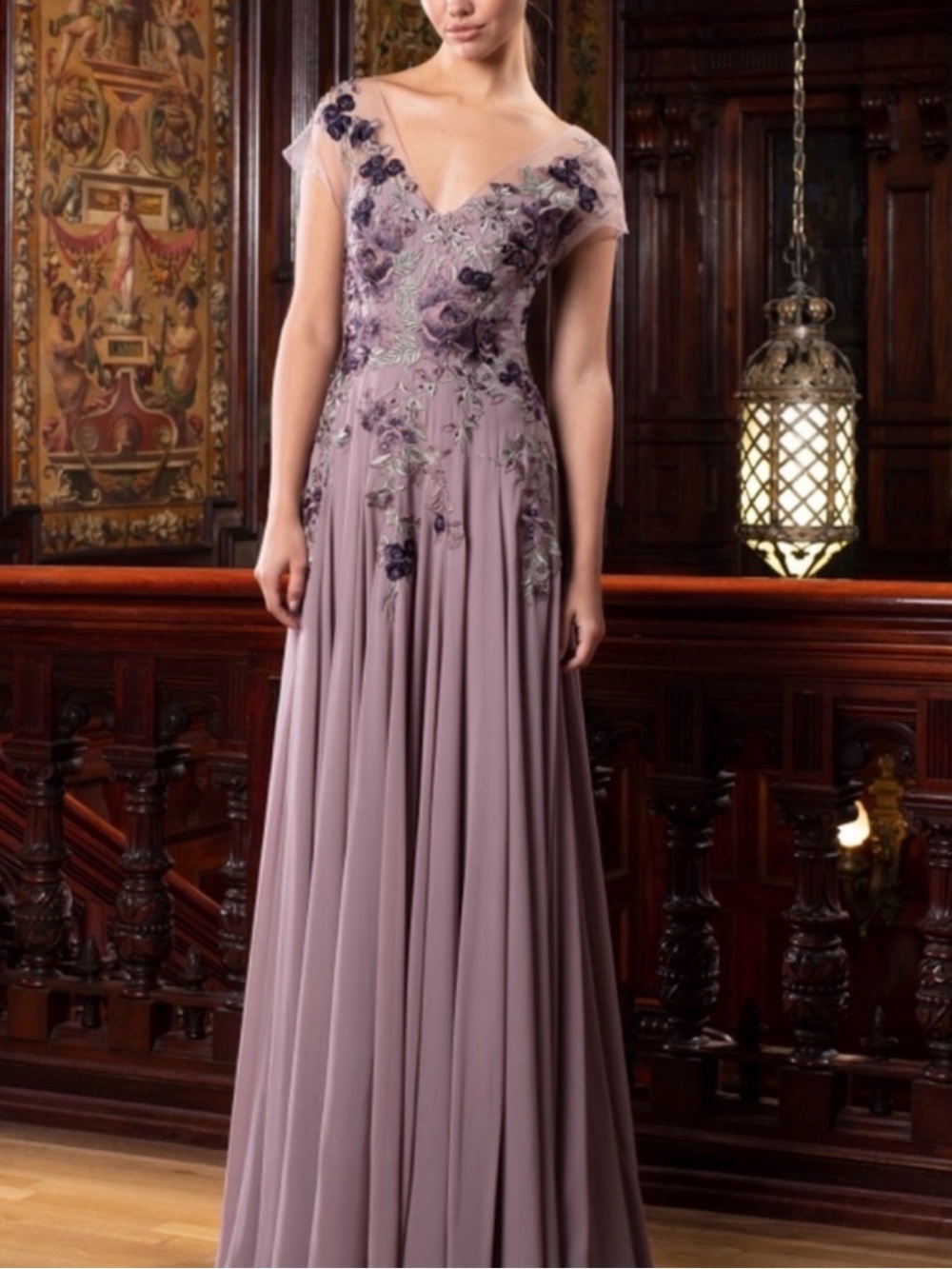 Alexander by Daymor - 758 Floral Embroidered Wide V-neck A-line Dress